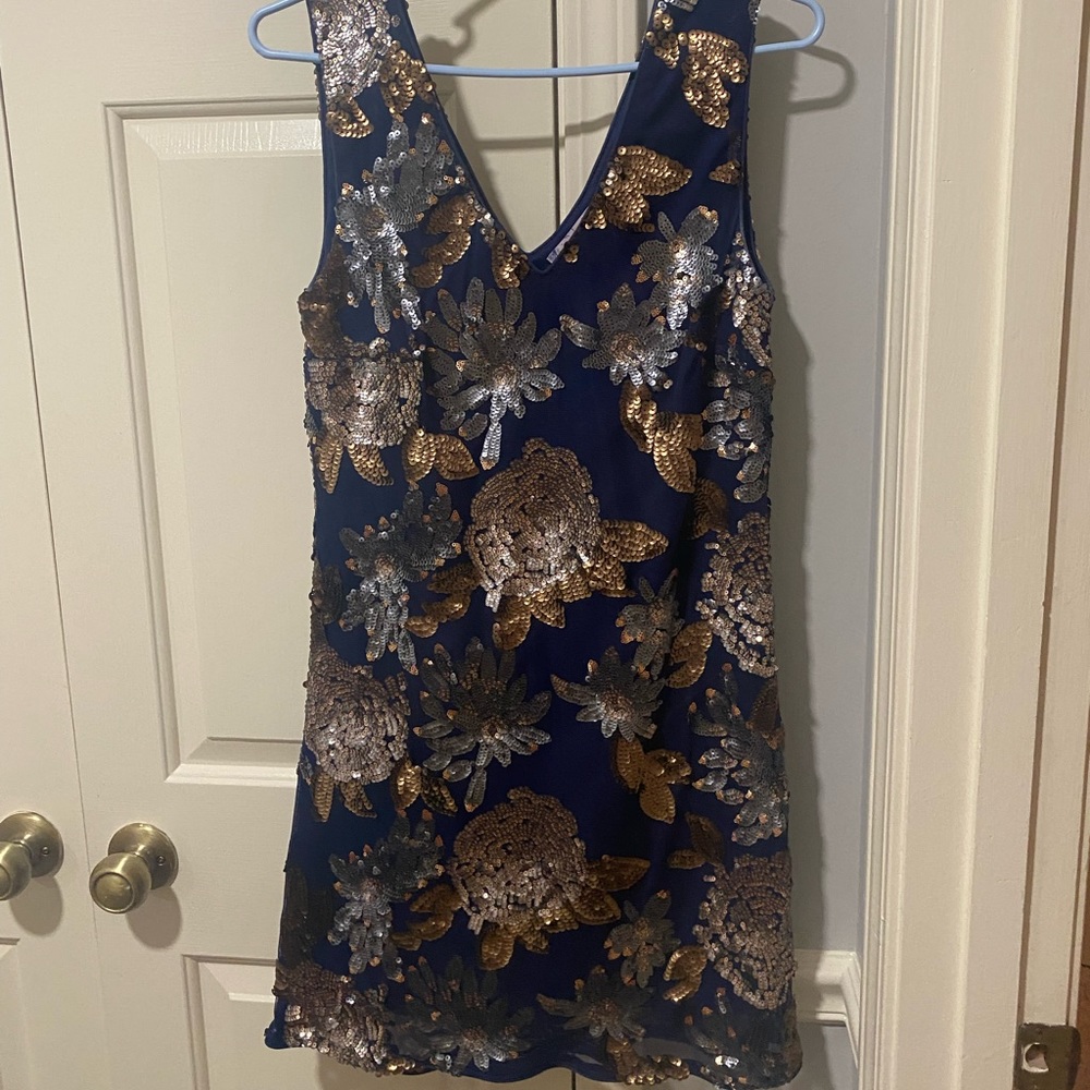 Navy dress with sequin pattern